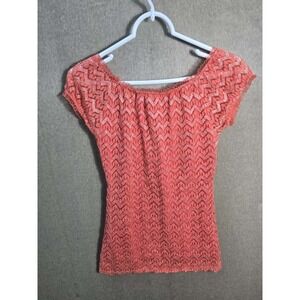 Womens Coral Lace Off Shoulder Top Blouse Boho Stretch Short Sleeve Small